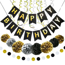 Load image into Gallery viewer, Happy Birthday Banner Kit - Happy Birthday Decorations - 1 Bday Banner, 9 Swirls, 8 Pom Poms Flowers, 1 Dots Garland - Birthday Party Decorations - Bi
