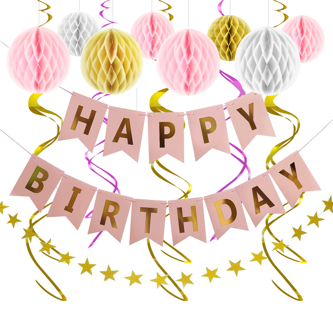 Happy Birthday Banner Kit - Happy Birthday Decorations Include 1 Bday Banner, 8 Swirls, 8 Honeycomb Balls, 1 Star Garland - Birthday Party Decorations